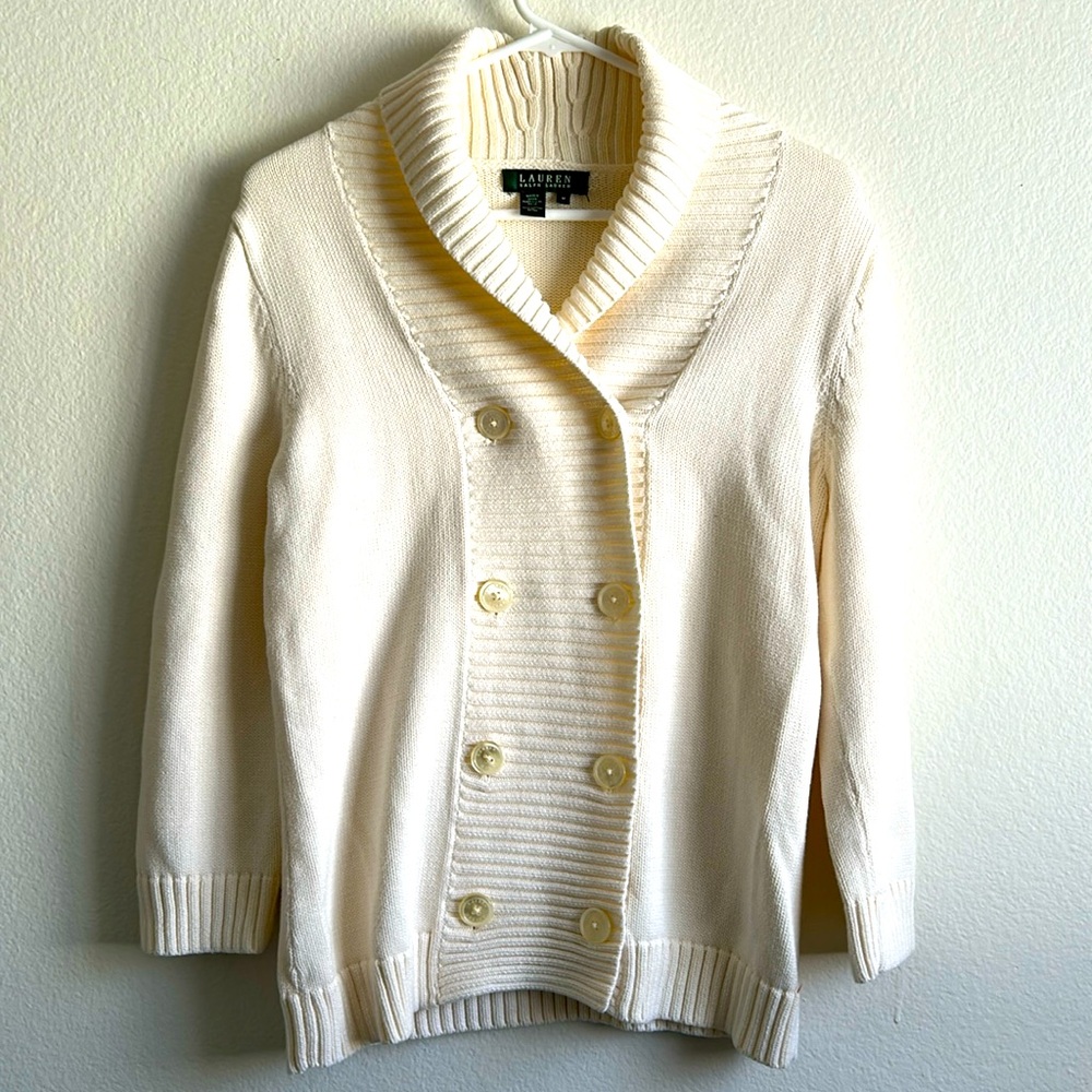 Lauren Ralph Lauren Knit 100% Cotton Cream Cardigan Sweater Button Size M